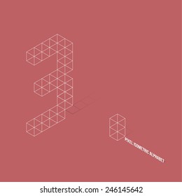 Wireframe Pixel Isometric Number 3 - Vector Illustration - Flat Design - Typography