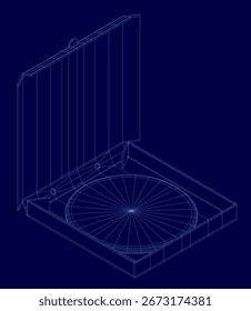 Wireframe pizza box in 3D model form with clean white lines and realistic proportions. The blue background enhances visibility of the detailed structure. Isometric view