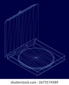 Eine Drahtmodell-Pizzakiste in 3D-Modellform mit klaren weißen Linien und realistischen Proportionen, die in isometrischer Ansicht angezeigt wird. Der blaue Hintergrund hebt die detaillierte Struktur hervor und verbessert die Sichtbarkeit.