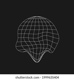 Wireframe planet icon in old cyberpunk style with liquid, glitch effect. Retrofuturistic design element. Cyber planet shape. Geometry for poster, cover, merch in retrowave style. Vector illustration.