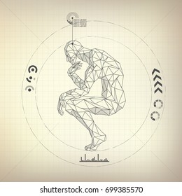 Wireframe Polygon Man Is Thinking In Futuristic Retro Style, Vector Of A Great Thinker