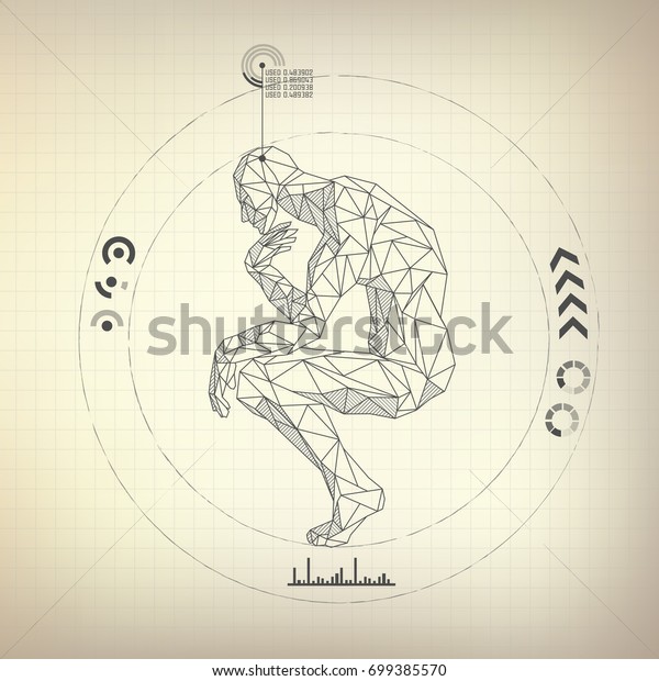 wireframe polygon man is thinking in\
futuristic retro style, vector of a great\
thinker