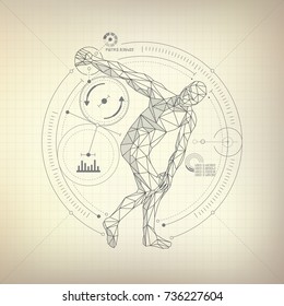 Wireframe polygon man wirft Scheibe im futuristischen Retro-Stil, Vektorgrafik von Discobolus im modernen abstrakten Stil