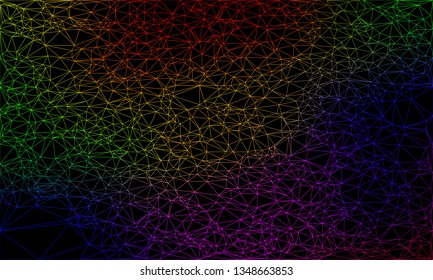 Wireframe polygonal abstract mesh in rainbow colors on black background.  Vector Polygon which consist of triangles. Geometric background in Origami or network style. 