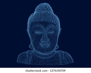 Wireframe polygonal bust of the Buddha. Buddha statue of blue lines on a dark background. 3D. Vector illustration