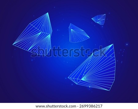 Wireframe Polygonal Crystal stones, Diamond rocks floating in the air on blue dark background vector design concept. A group of Polygonal lines rocks and stones flying on space concept for website.