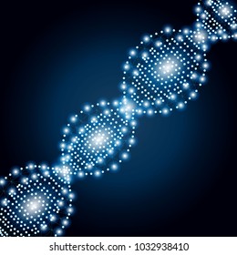 Wireframe polygonal DNA molecules structure on blue sky background. Concept human genome illustration. Low poly polygon design, geometry triangle, lines, dots. Science and technology concept.