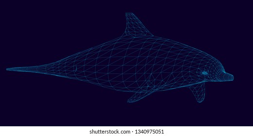 Wireframe of the polygonal dolphin of blue lines on a dark background. 3D. Side view. Vector illustration