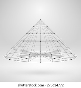 Wireframe Polygonal Element. 3D Cone with Lines and Dots