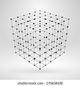 Wireframe Polygonal Element. 3D Cube With Lines And Dots Abstract Vector Background