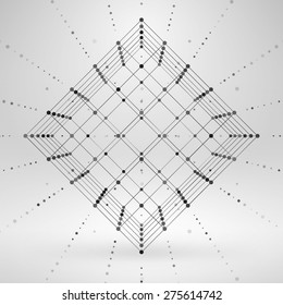 Wireframe polygonal element. 3D cube with lines and dots