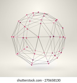 Wireframe polygonal element. 3D sphere with lines and dots abstract vector background