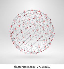 Wireframe polygonal element. 3D sphere with lines and dots abstract vector background