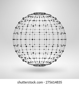 Wireframe Polygonal Element. 3D Sphere With Lines And Dots