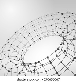 Wireframe polygonal element. 3D Torus with lines and dots abstract vector background