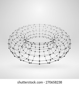 Wireframe polygonal element. 3D Torus with lines and dots abstract vector background