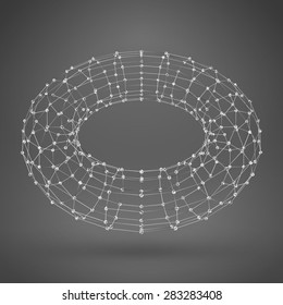 Wireframe polygonal element. 3D Torus with lines and dots