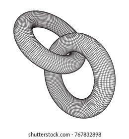 Wireframe polygonal element. 3D Torus chain with lines and dots abstract vector background