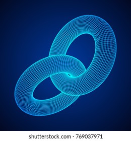 Wireframe polygonal element. 3D Torus chain with lines and dots abstract vector background