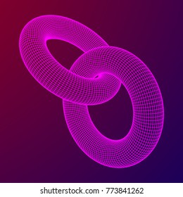 Wireframe polygonal element. 3D Torus chain with lines and dots abstract vector background