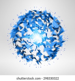 Wireframe Polygonal Element. Explosion Of Blue 3D Sphere