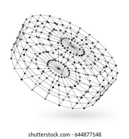 Wireframe polygonal geometric element. Cylinder with connected lines and dots. Vector Illustration on white background with shade
