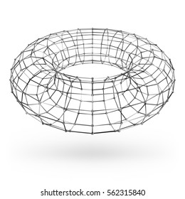 Wireframe polygonal geometric element. Torus with connected lines and dots. Vector Illustration on white background with shade