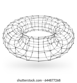 Wireframe polygonal geometric element. Torus with connected lines and dots. Vector Illustration on white background with shade