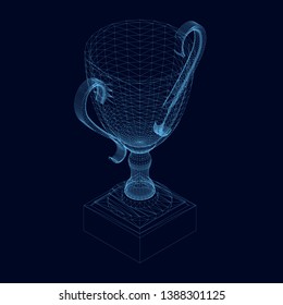Wireframe of the polygonal goblet of blue lines on a dark background. Isometric winner cup. 3D. Vector illustration