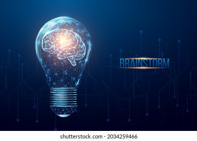 Wireframe polygonal human brain in a lightbulb. Business idea, brainstorming concept with glowing low poly bulb. Futuristic modern abstract. Isolated on dark blue background. Vector illustration.