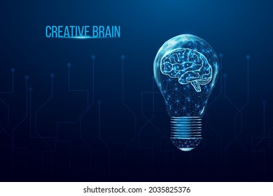 Wireframe polygonal human brain in a lightbulb. Business idea, brainstorming concept with glowing low poly bulb. Futuristic modern abstract. Isolated on dark blue background. Vector illustration.