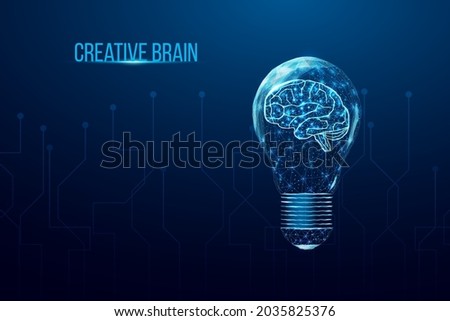 Wireframe polygonal human brain in a lightbulb. Business idea, brainstorming concept with glowing low poly bulb. Futuristic modern abstract. Isolated on dark blue background. Vector illustration.
