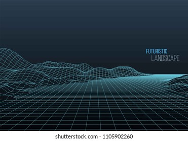 Wireframe polygonal landscape. Mountains with connected lines and dots. Vector illustration.