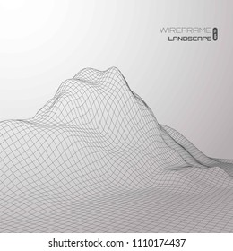 Wireframe polygonal landscape. Mountains with connected lines and dots. Vector illustration.