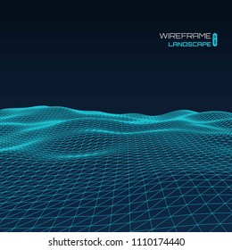 Wireframe polygonal landscape. Mountains with connected lines and dots. Vector illustration.