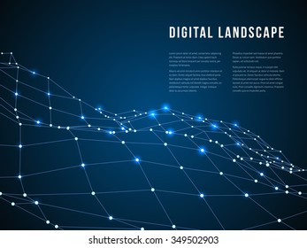 Wireframe polygonal landscape. Mountains with connected lines and dots. Vector illustration.