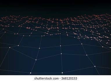 Wireframe polygonal landscape. Mountains with connected lines and dots. Vector illustration.