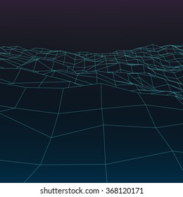 Wireframe polygonal landscape. Mountains with connected lines and dots. Vector illustration.