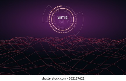 Wireframe polygonal landscape. Terrain with connected lines and dots. Vector illustration.