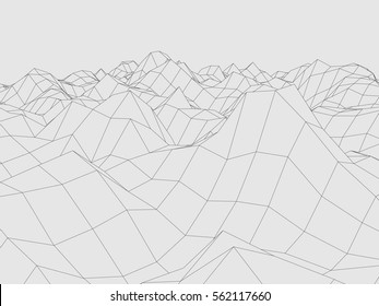 Wireframe polygonal landscape. Terrain with connected lines and dots. Vector illustration.