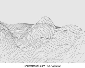 Wireframe polygonal landscape. Terrain with connected lines and dots. Vector illustration.