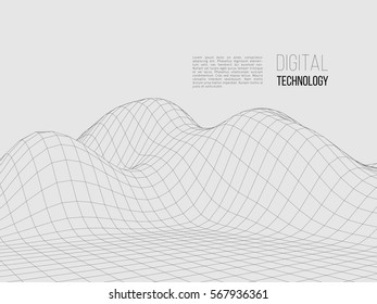 Wireframe polygonal landscape. Terrain with connected lines and dots. Vector illustration.