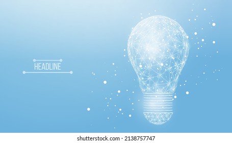 Wireframe polygonal lightbulb. Internet technology network, business idea concept with glowing low poly bulb. Futuristic modern abstract. Isolated on blue background. Vector illustration.