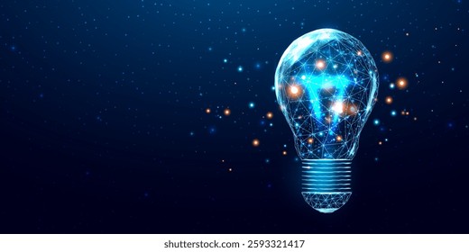 Wireframe polygonal lightbulb. Internet technology network, business idea concept with glowing low poly bulb. Futuristic modern abstract. Isolated on dark blue background. Vector illustration.