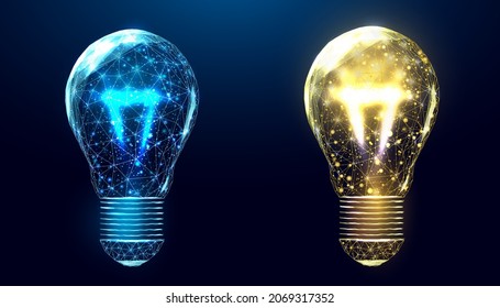 Wireframe polygonal lightbulbs. Internet technology network, business idea concept with glowing low poly bulbs. Futuristic modern abstract. Isolated on dark blue background. Vector illustration.