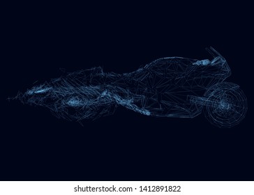 Wireframe of a polygonal motorcycle flying apart into pieces. Side view. Vector illustration