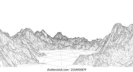 Wireframe of polygonal mountains from black lines isolated on white background. 3D. Vector illustration.