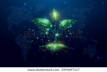 Wireframe polygonal plant with globe map. Plant sprout. Growing plant in low poly wireframe style. Abstract modern 3d vector illustration on dark blue background.