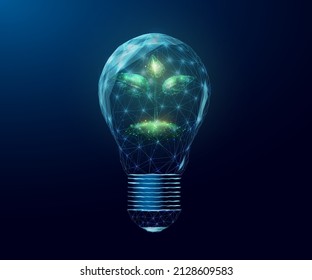 Wireframe polygonal plant in a lightbulb. Saving energy ecology concept with glowing low poly plant in bulb. Futuristic modern abstract. Isolated on dark blue background. Vector illustration.