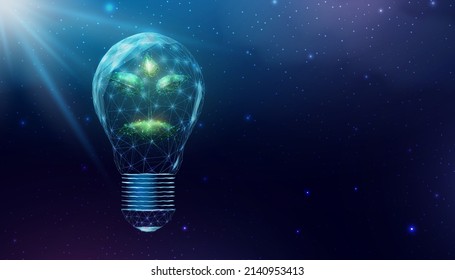 Wireframe polygonal plant in a lightbulb. Saving energy ecology concept with glowing low poly plant in bulb. Futuristic modern abstract. Isolated on dark blue background. Vector illustration.